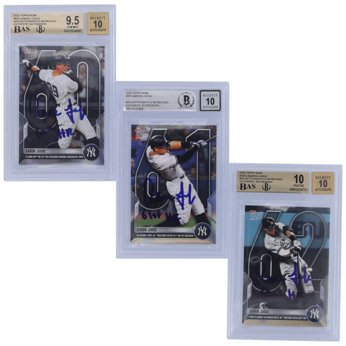Aaron Judge New York Yankees Autographed 2022 Topps Now HR 60,61,62 Set #929,975,1012 Beckett Fanatics Witnessed Authenticated 10 Card with Multiple Inscriptions