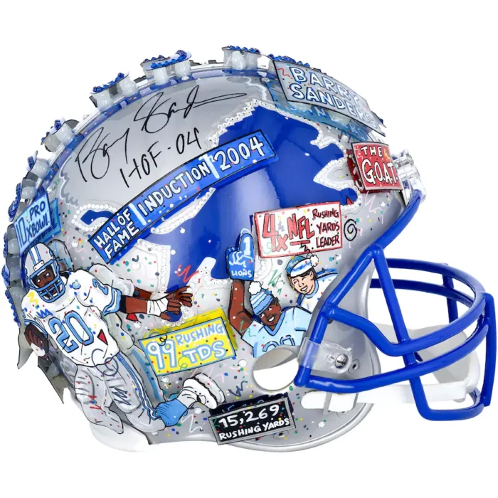 Barry Sanders Detroit Lions Autographed Helmet with "HOF 04" Inscription - Hand Painted by Artist Charles Fazzino - B478882
