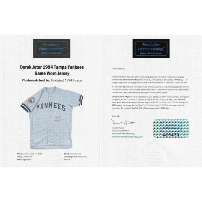 Derek Jeter Game Used Photo Matched Signed 1994 Rookie New York Yankees Jersey