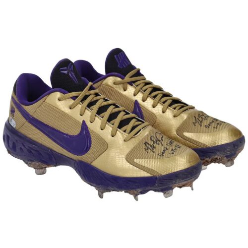 Mookie Betts Los Angeles Dodgers Autographed Game-Used Gold and Purple Nike Cleats vs. Miami Marlins on May 15 2021 with "Game Used 5-15-21" Inscription