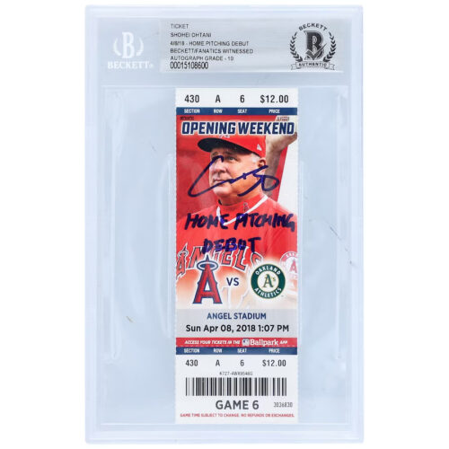 Shohei Ohtani Los Angeles Angels Autographed Ticket from April 8 2018 with "Home Pitching Debut" Inscription - Beckett/Fanatics Graded 10