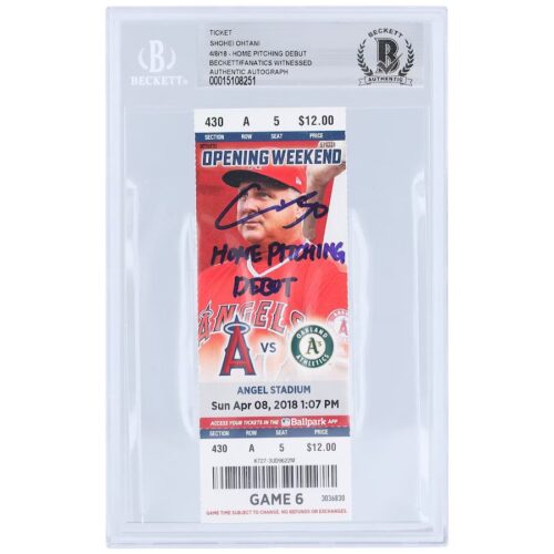 Shohei Ohtani Los Angeles Angels Autographed Ticket from April 8 2018 with "Home Pitching Debut" Inscription