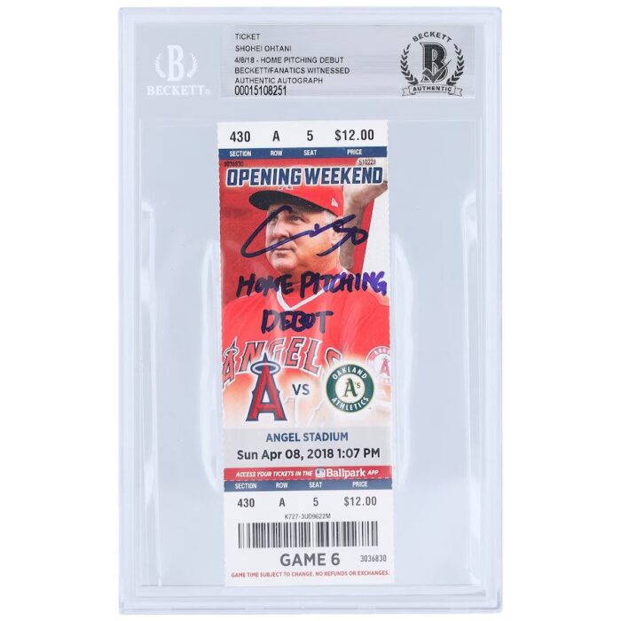 Shohei Ohtani Los Angeles Angels Autographed Ticket from April 8 2018 with "Home Pitching Debut" Inscription