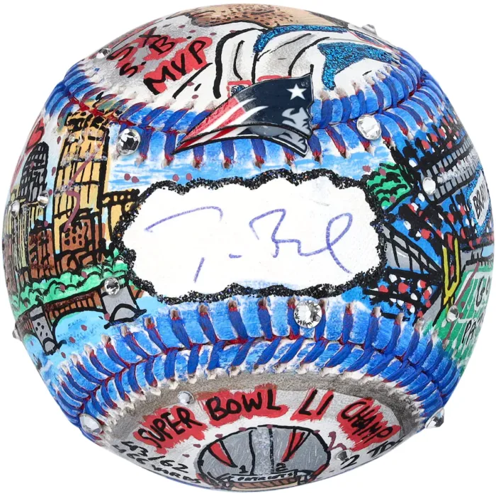 Tom Brady New England Patriots Autographed Baseball - Hand Painted by Artist Charles Fazzino - B445465