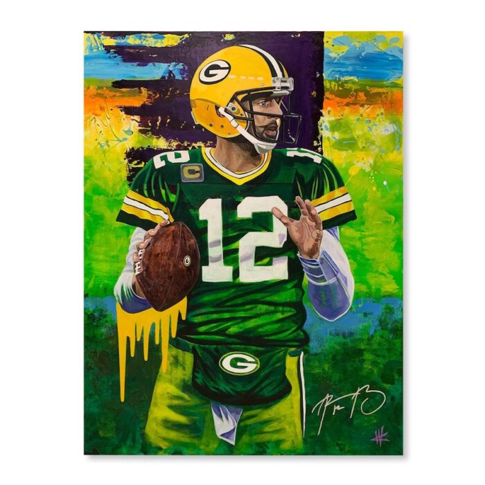 Aaron Rodgers Green Bay Packers Autographed 36" x 48" Stretched Original Canvas by Artist Cortney Wall